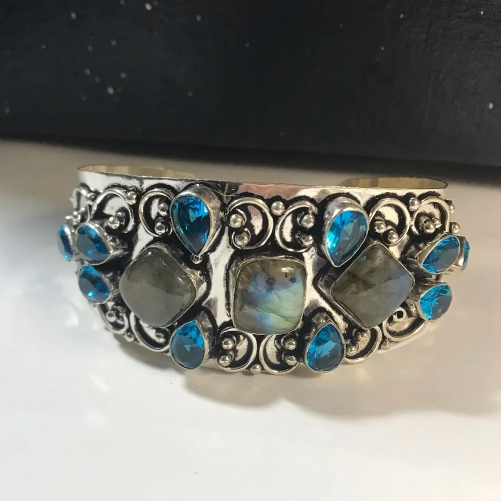 Labradorite Blue Topaz Stamped 925 Sterling Silver Cuff Bracelet